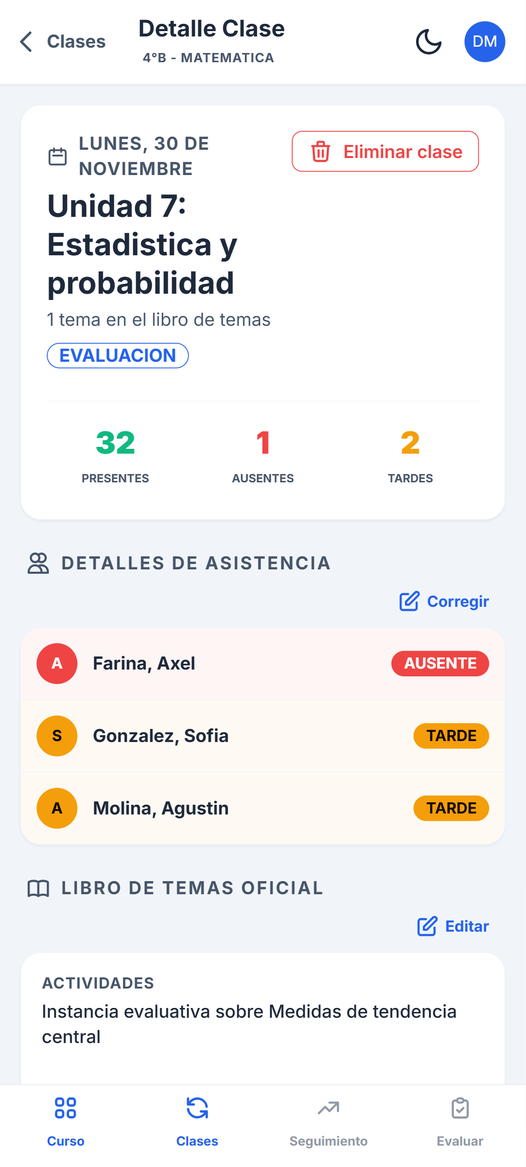 Detalle de Clase y Asistencia